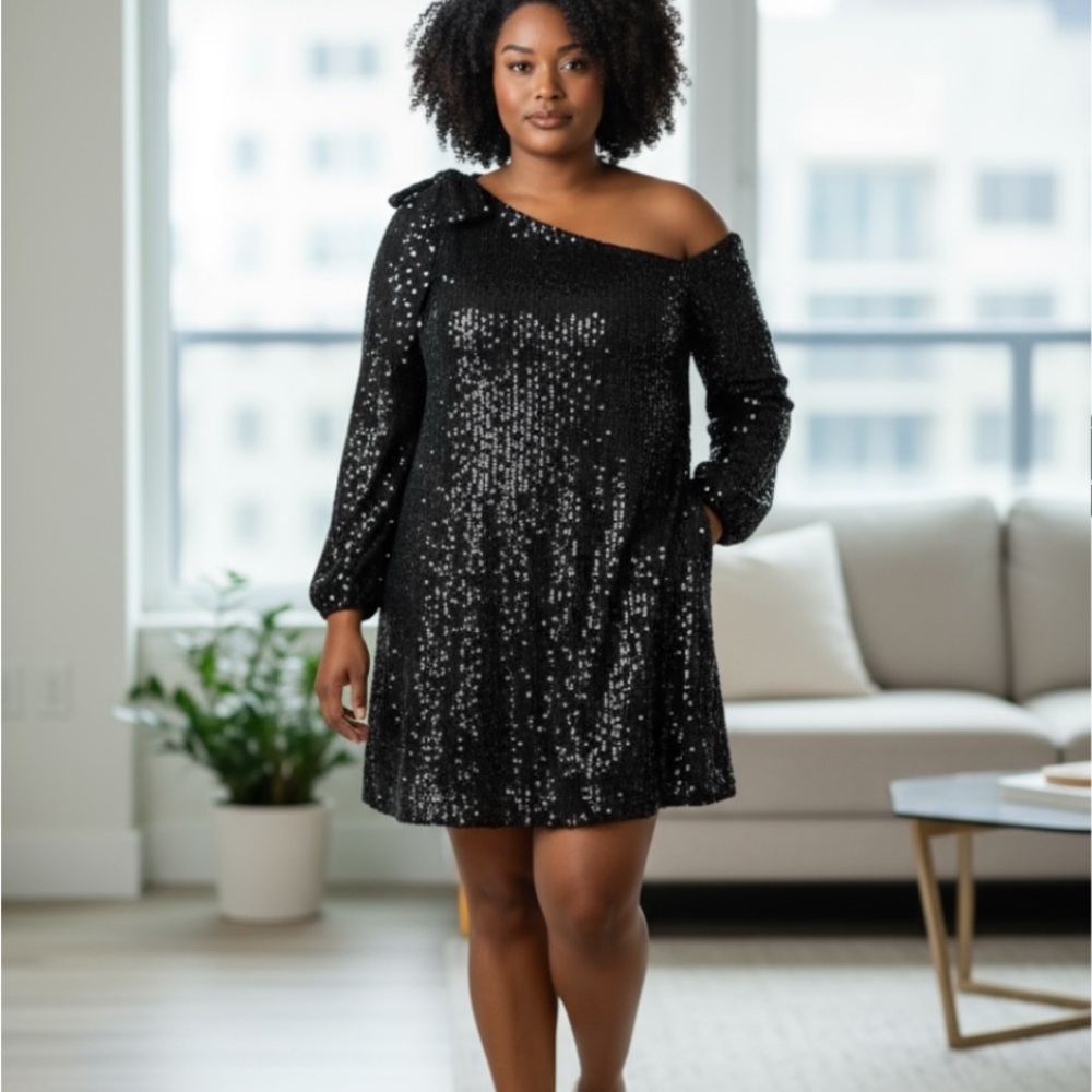 CeCe Black Sequin Asymmetrical Dress